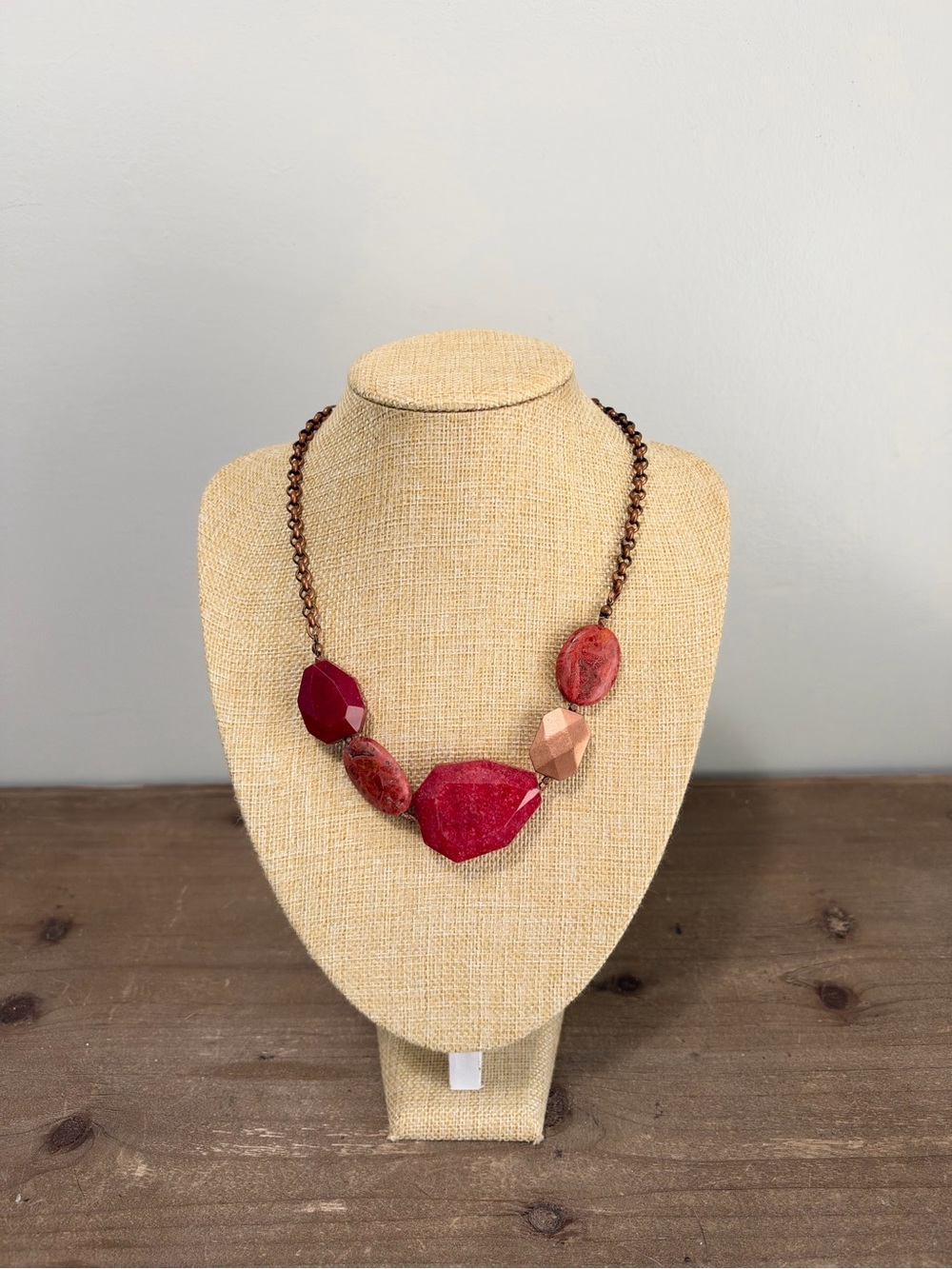 Chico’s Red Coral Faceted Bead Copper Tone Statement Necklace